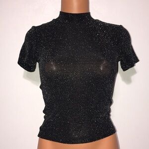Monki Metallic Tee Black & Silver Size Xtra Small